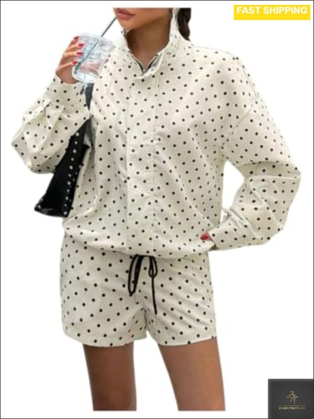 Two Piece Set Polka Dots Oversized Jacket with Wide Leg Mini Shorts